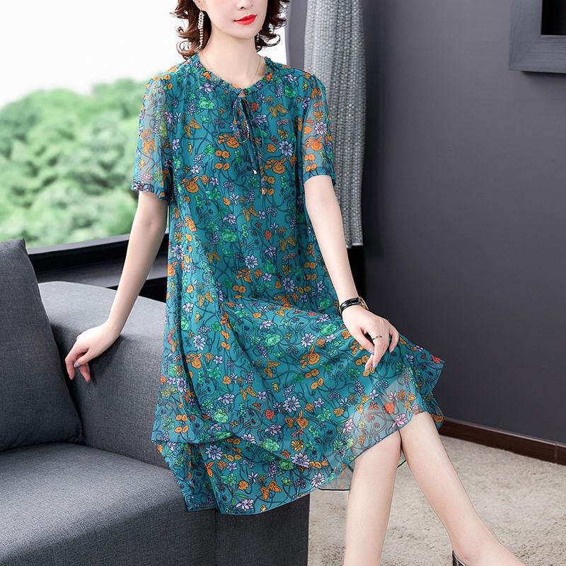 Chiffon Floral  Dress L-XXXXXL Women's Summer Veil Short Sleeve Round Neck Lightweight and Breathable