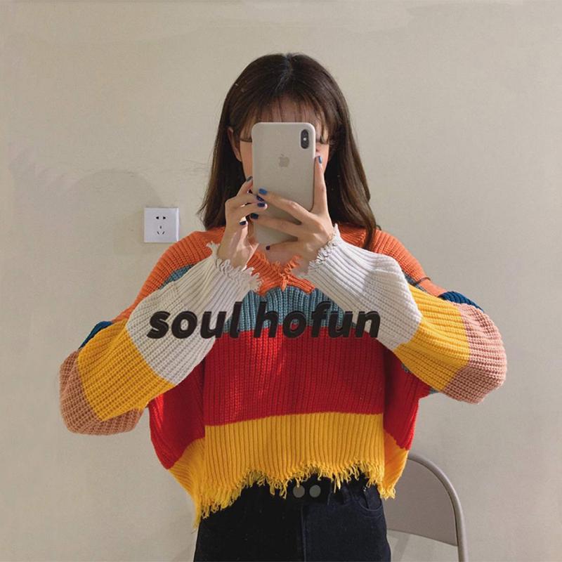 Pofulove loose sweater rainbow striped color matching striped fringe student short sweater women
