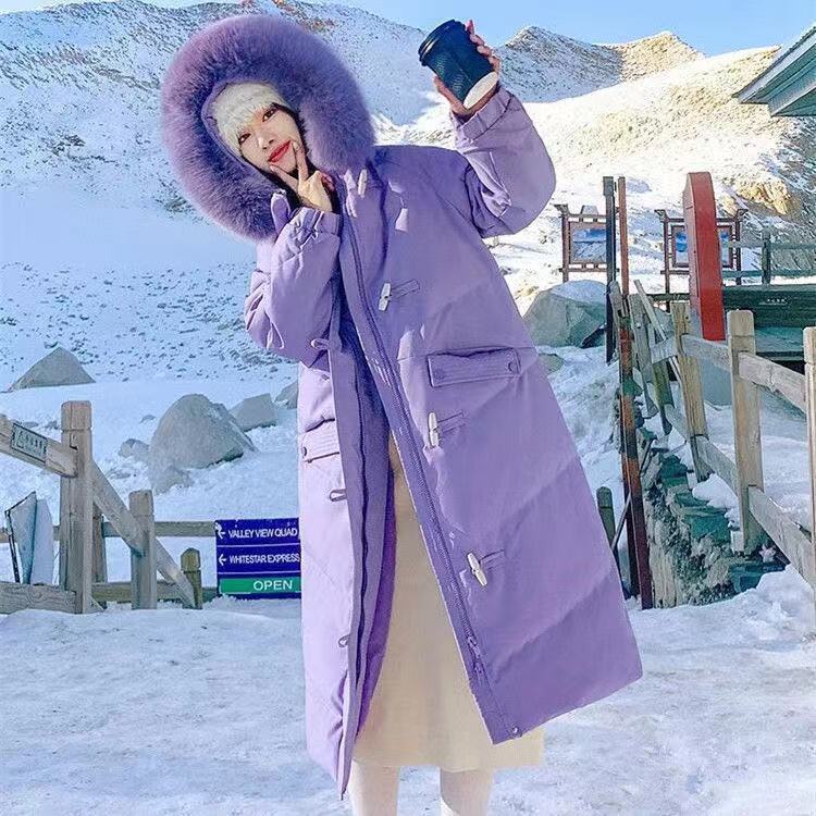 Winter Down Cotton Jacket Women's Long Over-the-knee Cotton Jacket Fluffy Fur Collar Hooded Loose Horn Button Cotton Jacket