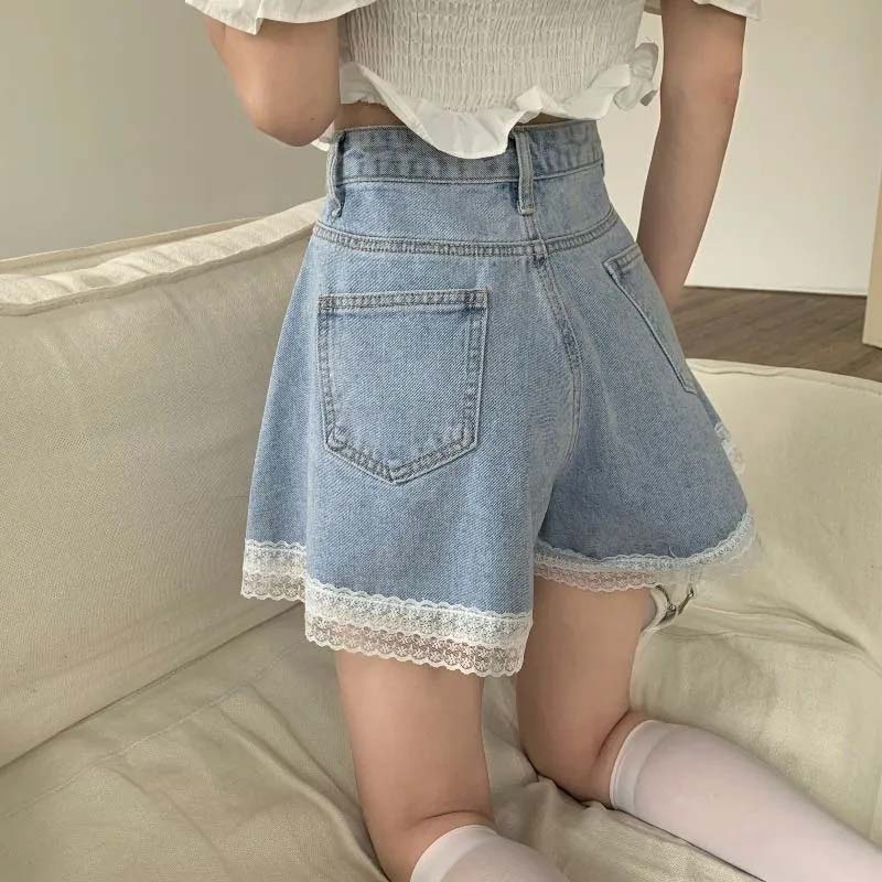 Sweet Denim Shorts for Women Wide Leg Cute Short Pants Summer High Waist Lace Edge Pants A-line Loose Jeans Pants High Waist Shorts Y2k Short Bottoms