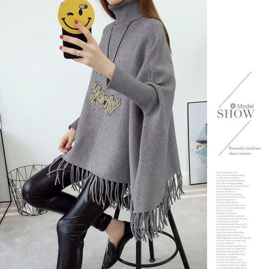 Autumn/winter High-neck Casual Sweater Women Loose Bat Sleeve Jacket Knit Sweater Cloak Shawl Tassel Plus Size Autumn Clothes