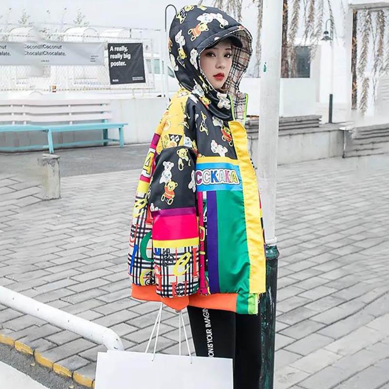 European Station Winter Print Cotton Coat Women Western Style Hooded Mid-length Coat Women