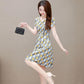 Women's Summer Print Mid-Length Dress Large Size Loose V-Neck A-Line Skirt