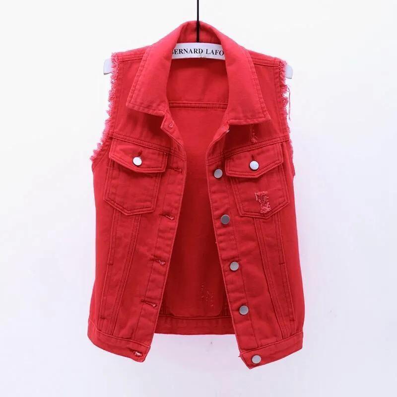Multi-color Denim Vest Women's Short Spring Summer All-match Slim Raw Edge Sleeveless Jacket Ripped Tops