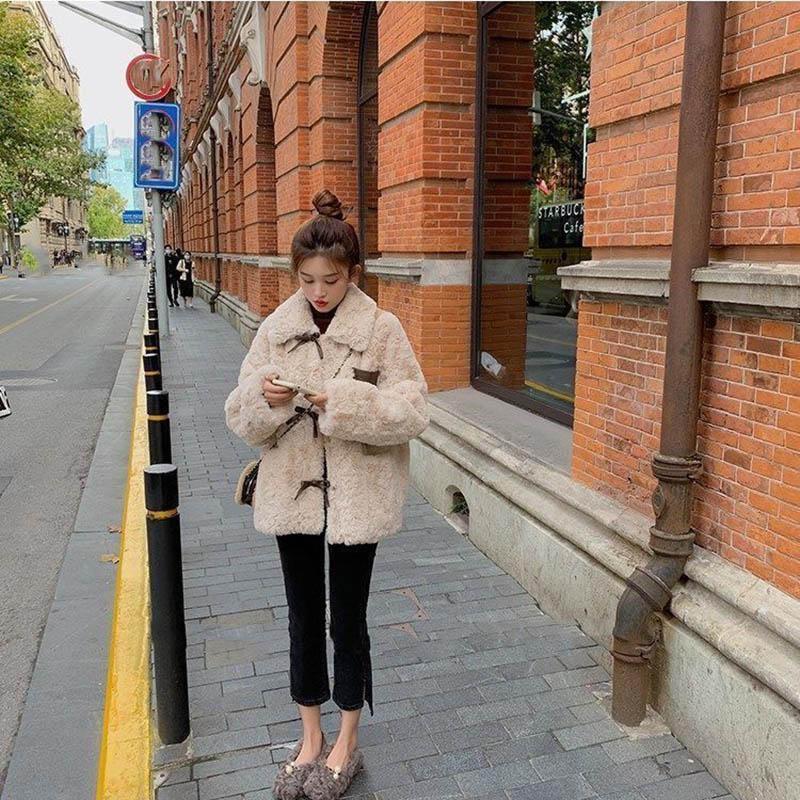 Winter Thickened Rabbit-like Plush Fur Loose Bow Short Lamb Wool Coat Women
