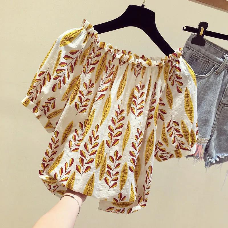 One-shoulder Top Women's Short-sleeved Loose-fitting Belly Slimming Women's Blouse Floral Chiffon Shirt Top Women's Off-shoulder Chiffon Shirt
