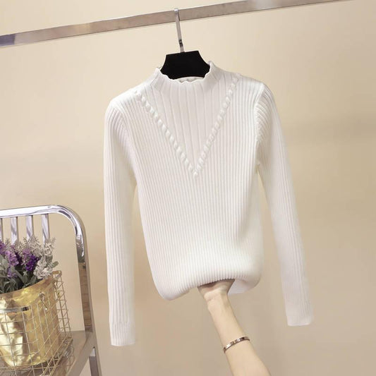 Half High Neck Women's Sweater Korean Fashion Plus Fleece Sweater Student Loose Thick Base Shirt