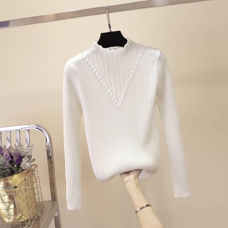Half High Neck Women's Sweater Korean Fashion Plus Fleece Sweater Student Loose Thick Base Shirt