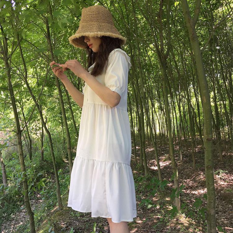 White Cute Sweet Well-behaved Girl Solid Color Bow Ruffle Mid-length A-shaped Skirt Looser  Short Sleeve Dress