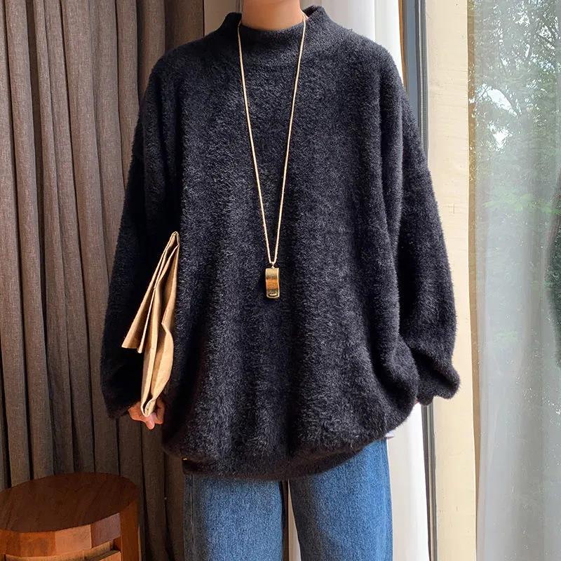 Autumn and Winter Men's Plus Velvet Thick Sweater Loose Half High Neck Trend Wild Warm Top