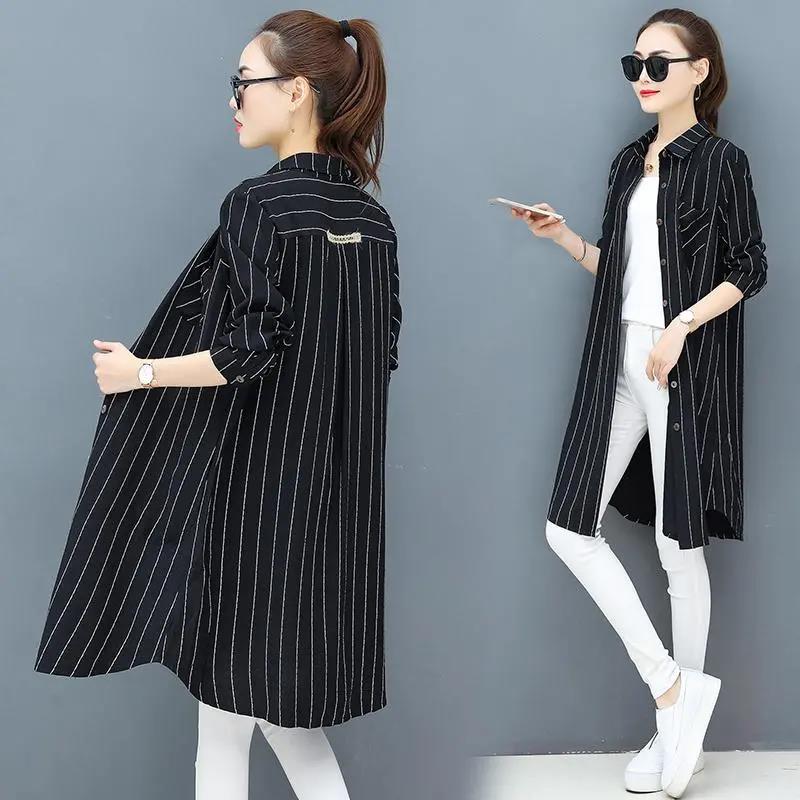 Women's Long-sleeved Striped Shirt Loose Casual Plus Size Mid-length Blouse