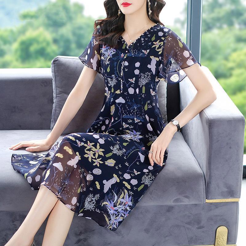 Women's Spring Summer French Retro Floral Dress Mid-length V-neck Short-sleeved Waist Casual All-match Dress