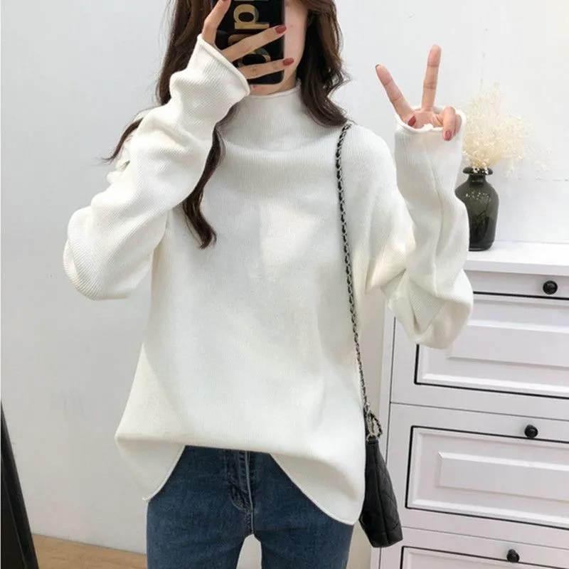 Autumn Winter Modal Cotton Pullover Women's Loose Half Turtleneck Sweater Fashion Curled Long Sleeve Knitwear