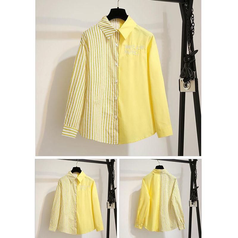 Pofulove Women Summer Shirt 2-piece Set long sleeve striped shirt Asymmetrical Skirt 2 piece Sets