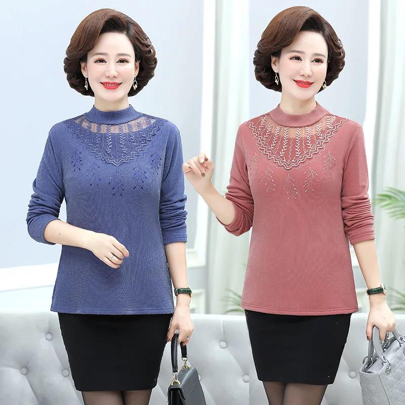 Autumn and Winter Plus Velvet Thick Lace Half Turtleneck Bottoming Shirt Loose Warm Large Size Sweater for Women