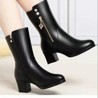 Winter Plus Velvet Mid-heel Leather Shoes, Women's Fashion Black Leather Mid-length Boots Side Zipper Cotton Boots