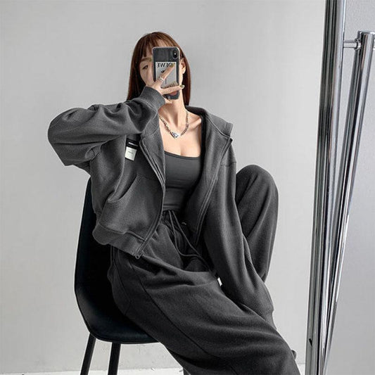 Sports Waffle Suit Women's Loose Casual High Waist  Blue Wide Leg Sweatpants Spring and Autumn Tide Two-piece Suit