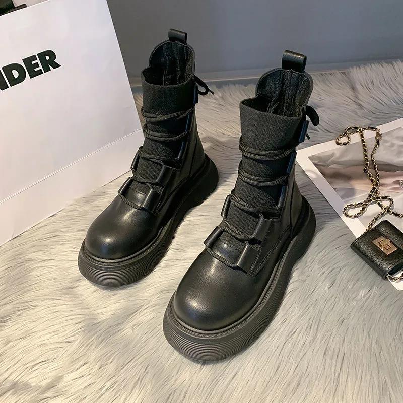 Winter Women's Martin Boots Thick and Fleece Mid-tube Boots Knitted Lace-up Platform Boots