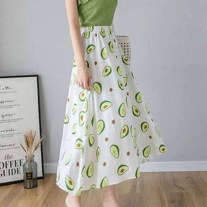 Skirts Womens Female Casual Ankle-length Skirt Summer Loose Thin A-line Skirts High Waist All-match Avocado Print Skirt