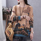 Vintage  Literary Print Long-sleeved Sweater Women Fall/winter Oversized Knit Sweater Outwear  Pullover Jumper Top with Pocket