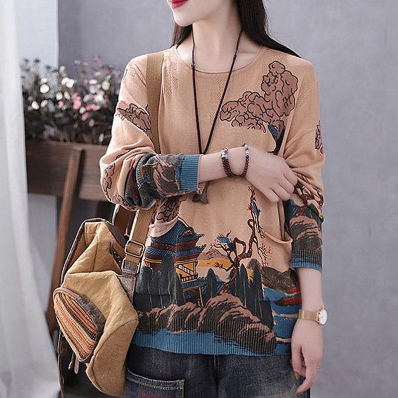Vintage  Literary Print Long-sleeved Sweater Women Fall/winter Oversized Knit Sweater Outwear  Pullover Jumper Top with Pocket