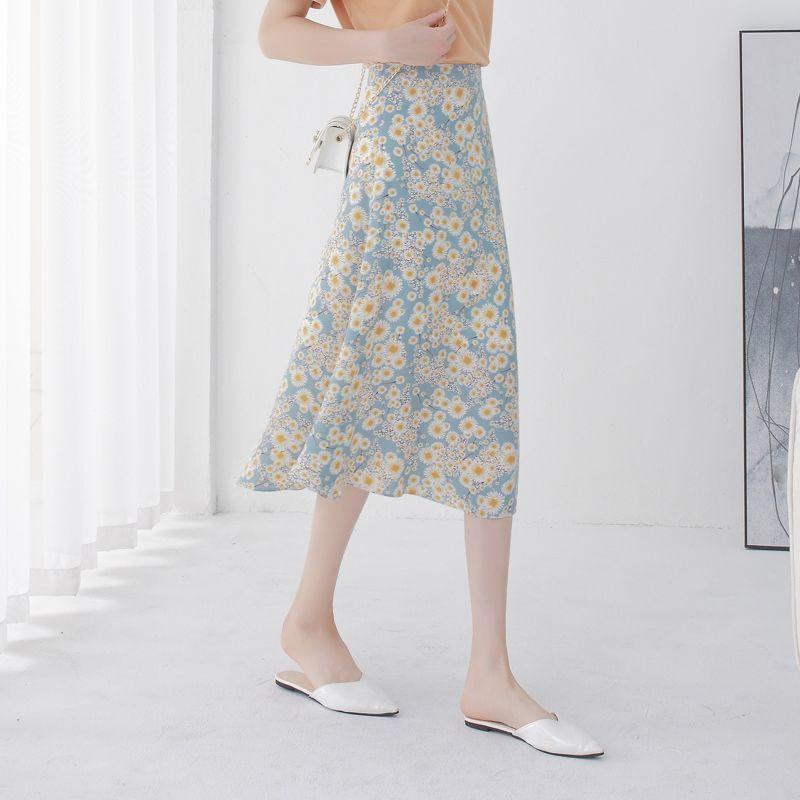 Floral Skirt Women's A-line Skirt High Waist Chiffon Print Midi Skirt Small Daisy Flower Skirt