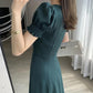 Women's Summer Solid Color Skirt Puff Sleeve Dress Square Collar Midi Skirt
