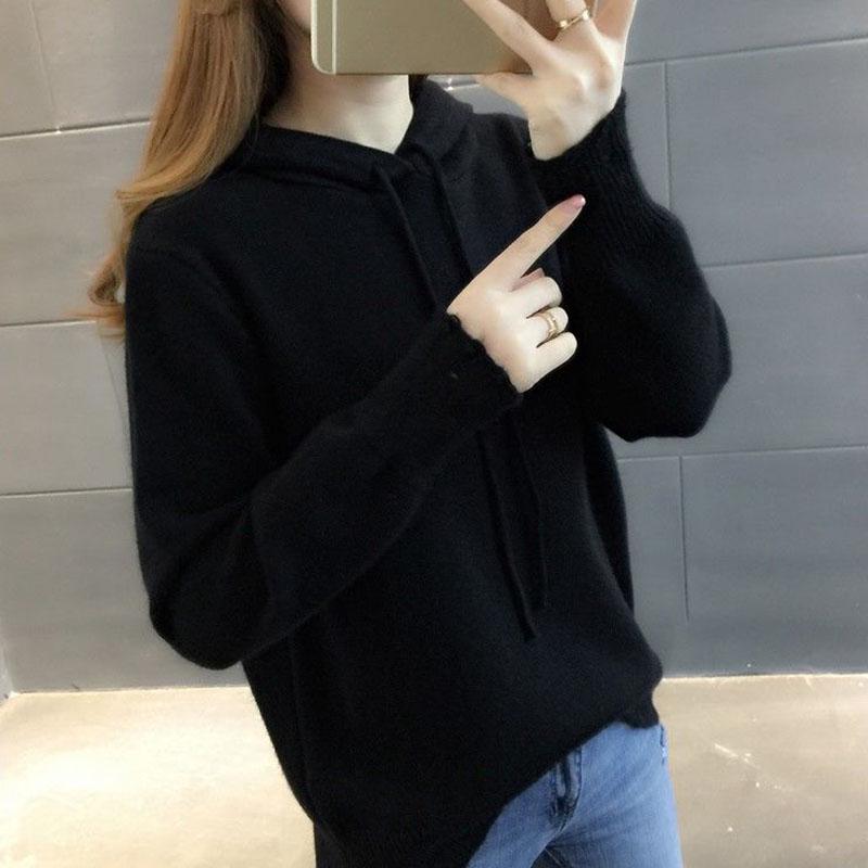 Hooded Sweater Women Loose Pullover Knit Sweater with Pockets for Outer Wear Base Knit Jumper