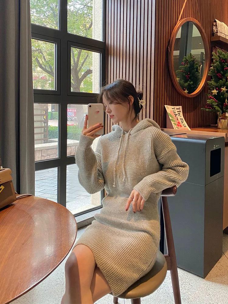 Hooded Long-sleeved Knitted Dress Women Autumn and Winter Fashion Slim Bottoming Bag Hip Sweater Dress