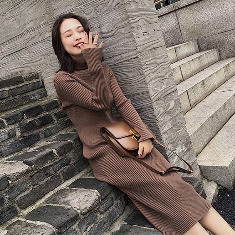 Long Coarse Wool Turtleneck Sweater Dress Women  Female Casual Loose Knit Straight Sweater Dress