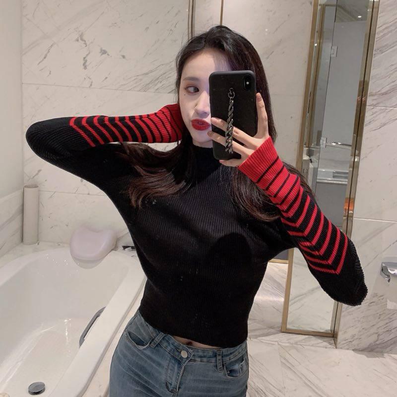 Pofulovestriped Tight Sweater Sweater Long Sleeves Net Red Color Matching Sweater Women's Retro
