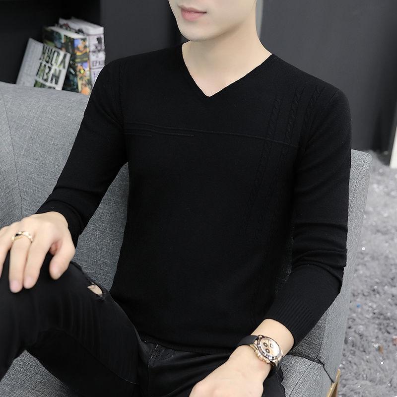 V-neck Sweater Men's Slim Type Autumn and Winter Bottoming Shirt Thin Section Korean Low-neck Sweater Seamless Sweater