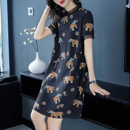 Summer Temperament Lace Stitching Dress Loose Large Size Round Neck Short Sleeve Mid-length Dress