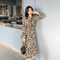 Women's Summer Leopard Print Mid-length Dress Lapel Long-sleeved Lace-up Ruffled Bohemian Beach Long Shirt