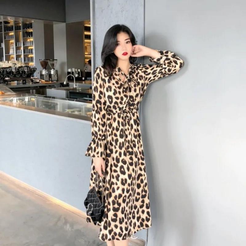 Women's Summer Leopard Print Mid-length Dress Lapel Long-sleeved Lace-up Ruffled Bohemian Beach Long Shirt