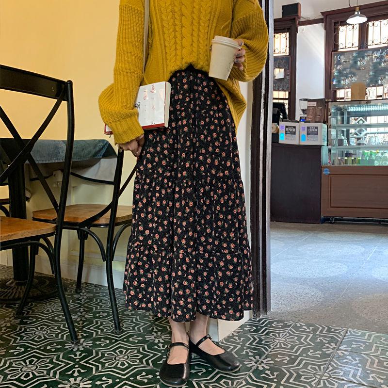 Women's Chiffon Floral Skirt Summer  High Waist Mid-length A-line Draping Fairy Dress