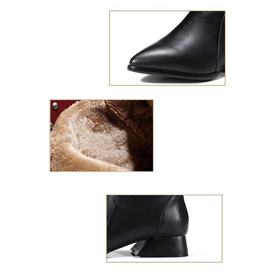 Fashion Ankle PU Women Basic Boots Pointed Toe Vintage Boots High Square Heel Slip-On Big Size Shoes