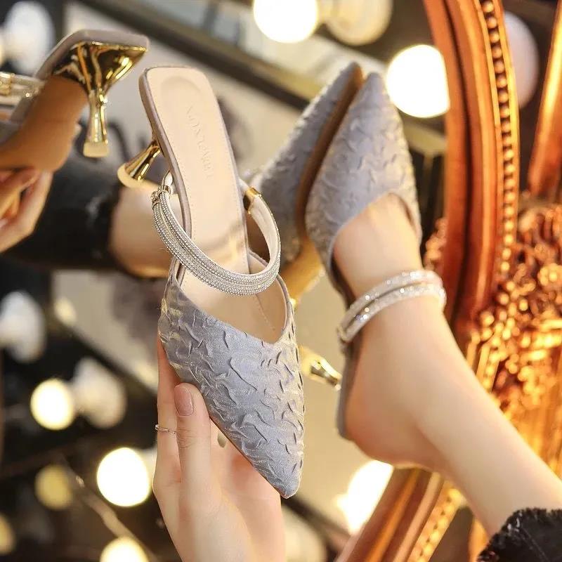Women's Summer Rhinestone Sandals Stiletto Middle Heels All-match Non-slip Wear-resistant Pumps