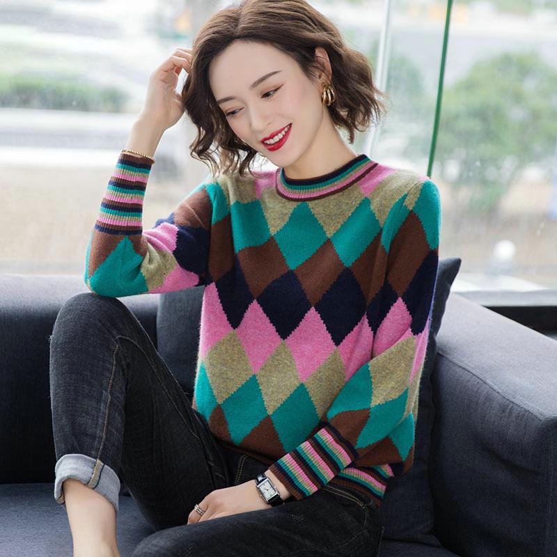 Color Block Sweater for Women Loose Casual Sweater Women Autumn Fashion All-match O-neck Pullover Sweater Diamond Plaid Knitted Sweater Outer Wear