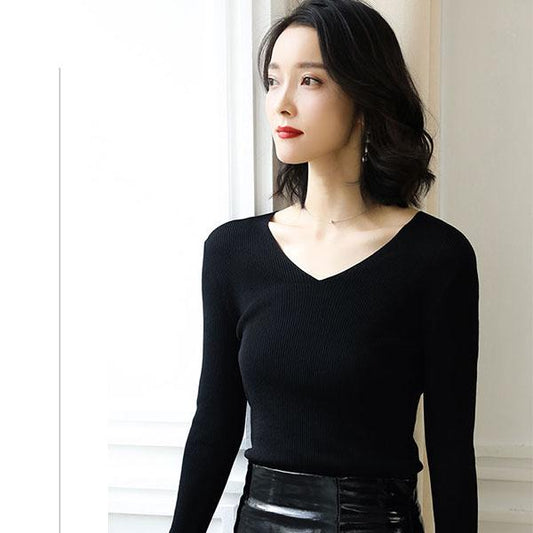 Autumn and Winter Slim Long-sleeved V-neck Bottoming Sweater Short Tight-fitting Inner Sweater Women