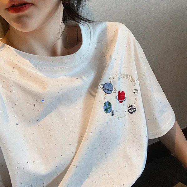 Planet Embroidery Women Short Sleeve Embroidery Tops Summer Loose Casual T-Shirt Tee