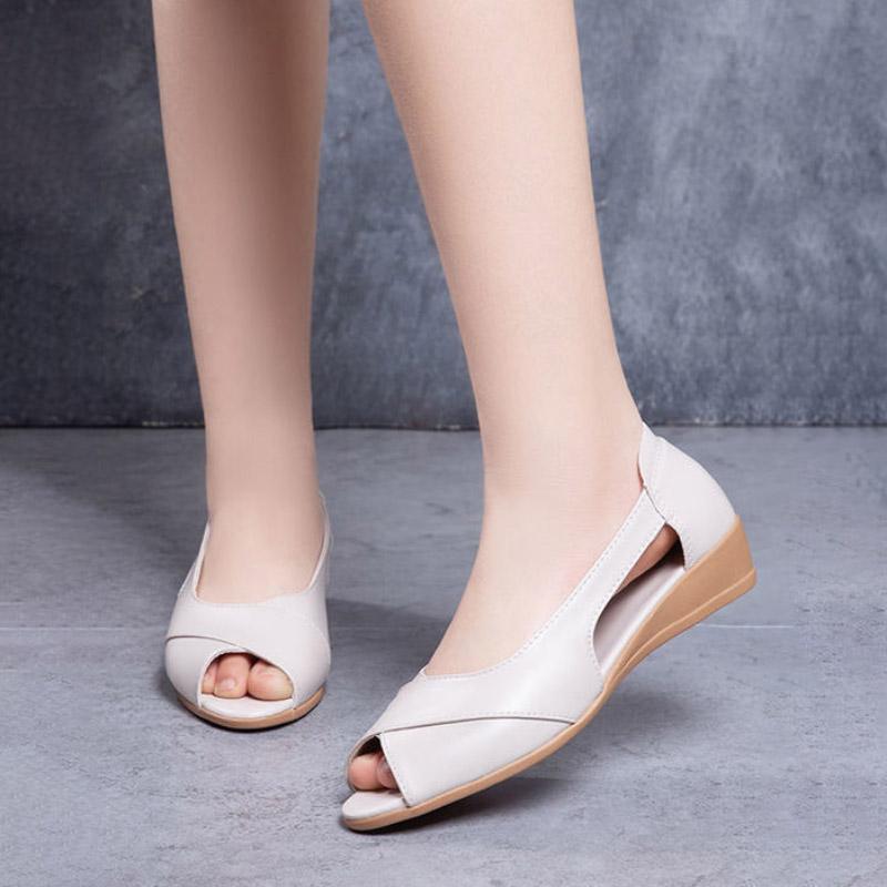 Summer Soft Leather Sandals Women's Tendon Bottom Wedge Sandals Soft Bottom Comfortable Beach Fish Mouth Shoes