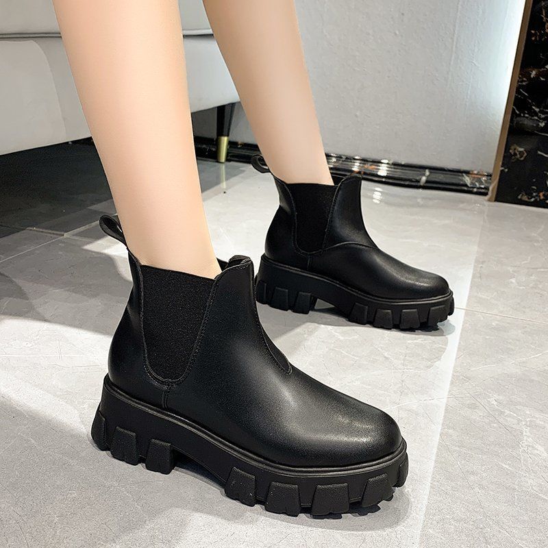 Women Chelsea Boots Elastic Top Ankle Boots Ladies Slip-on Leather Martin Boots Plush Velvet Round Toe Platform Short Winter Boots  Plus Size 35-43