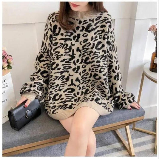 Autumn and Winter Ladies Sweater Leopard Print Knit Sweater, Oversized Casual Loose O Neck Knitwear Top