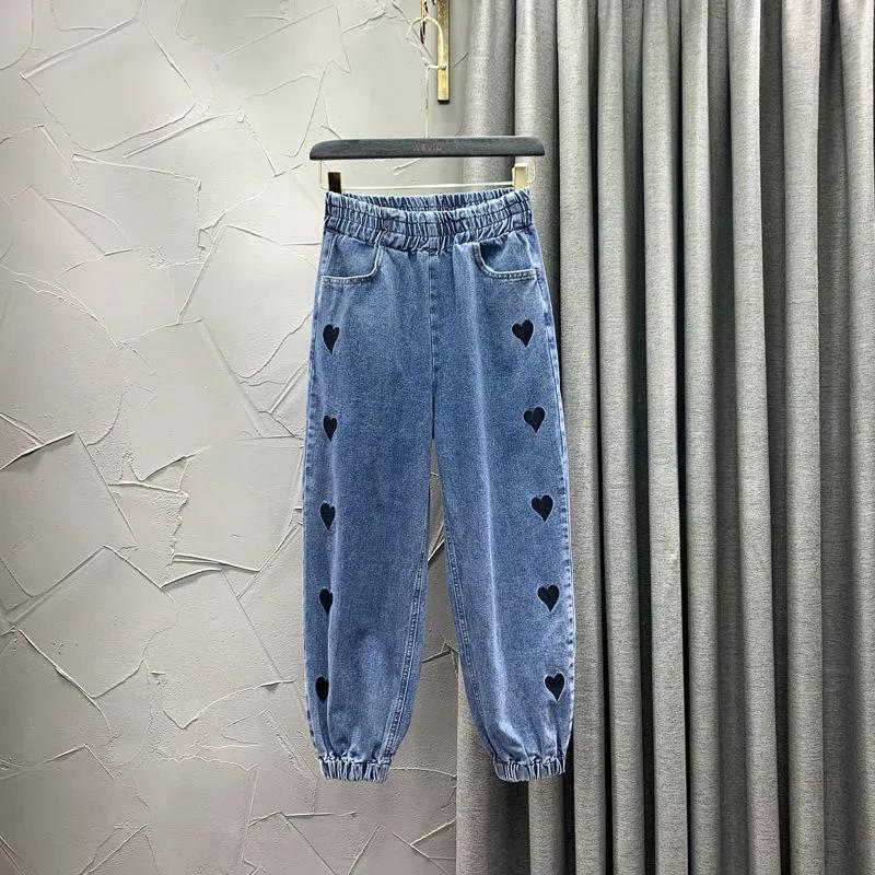 Embroidered Heart Harem Jeans Women's Spring and Autumn Denim Trousers High Waist Elastic Large Size Loose Casual Denim Pants