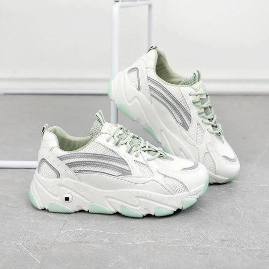 Women's Mesh Breathable Sneakers Leather Shoes Thick-soled White Shoes Casual Shoes Lightweight and Comfortable Student Shoes