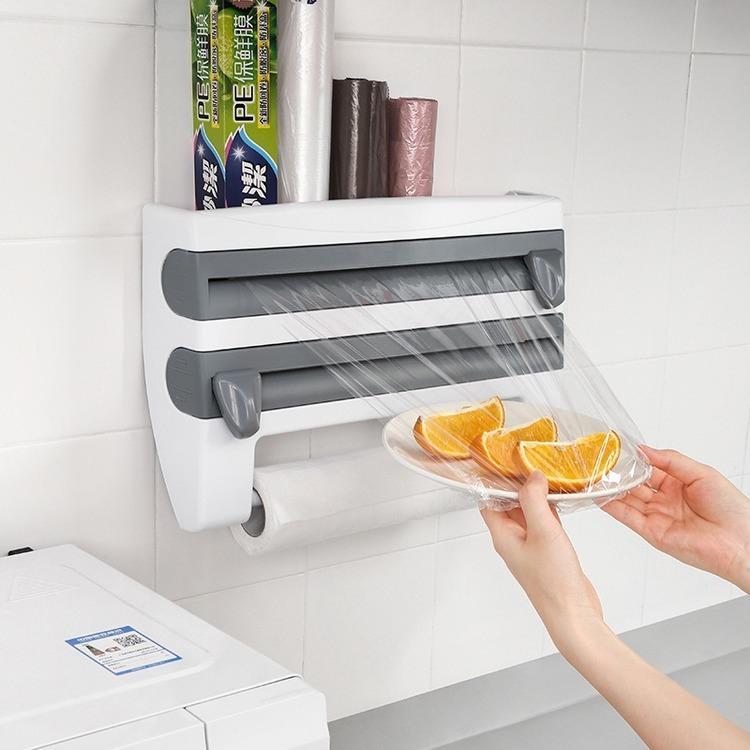 Kitchen Cling Film Cutting Holder Tin Foil Paper Storage Rack Paper Towel Holder Shelf Organizer