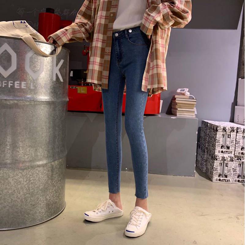 WTEMPO Women's Blue-gray High-rise Cropped Jeans Simple Fashion Slim Feet Pants Slimming Pencil Pants