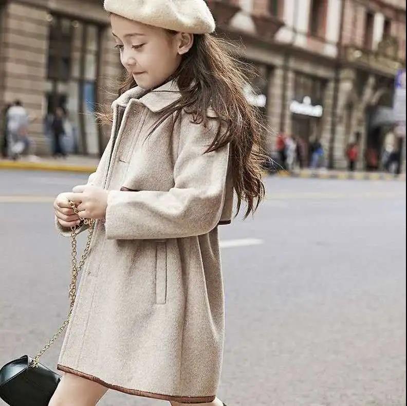 Girls' Woolen Windbreaker Jacket Mid-length Big Children's Autumn and Winter Clothes Korean Style Western Girls Thickened Children Woolen Coat