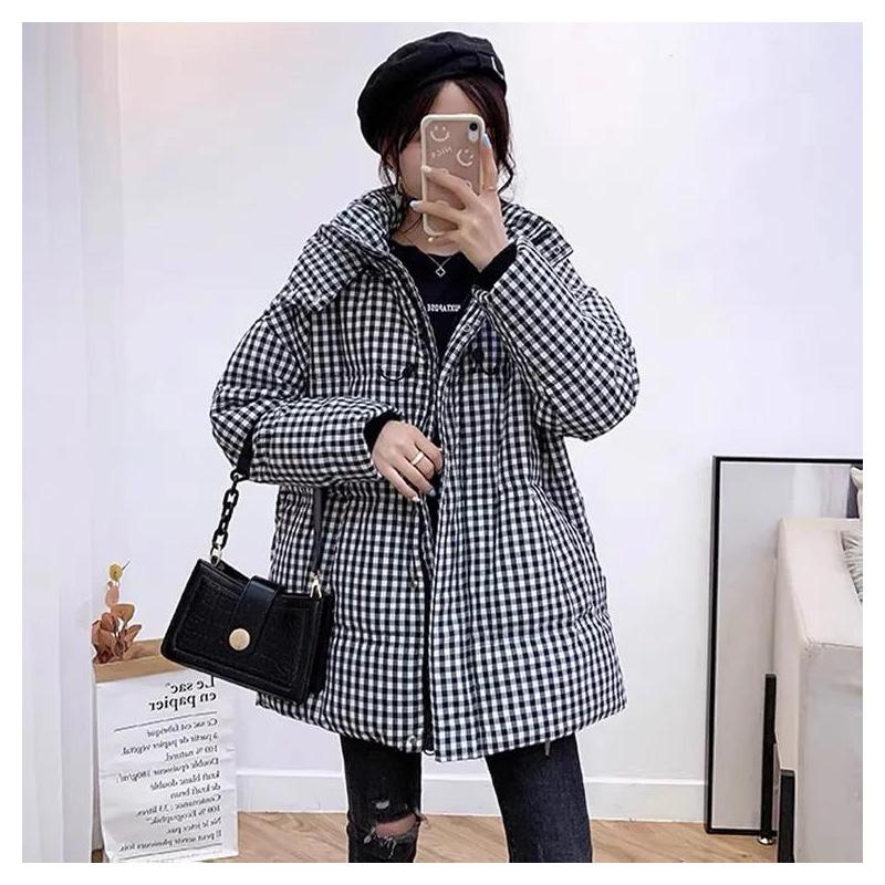 Black and White Plaid Down Jacket Women Mid-length Korean Thick Hooded White Duck Down Jacket Women